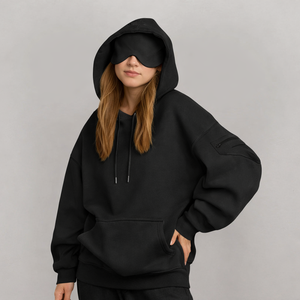 Sudadera con Capucha y Cubreojos Integrados, Estilo Urbano Personalizado, Negra, Gruesa, de Invierno, 100% Algodón, para Viajes y Descanso - Product Image 2