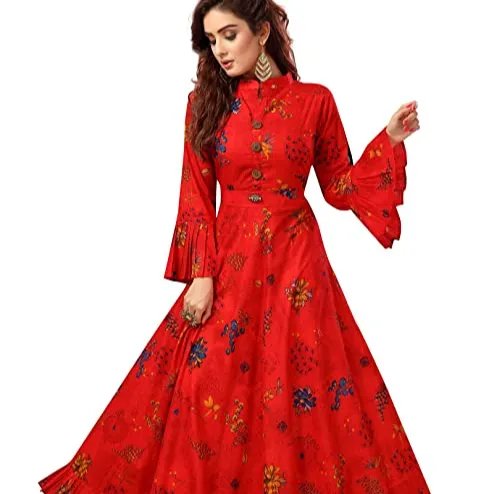 Women's Cotton Anarkali Regular Kurta and High Neck 3/4th Sleeves Fully Stitched Plain and Umbrella Kurtis for Women Everyday