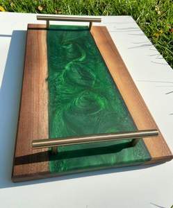 Plateau de service moderne rond en bois et résine époxy avec bords naturels Poignée décorative pour la maison, hôtel, organisateur de petit-déjeuner à longue surface - Product Image 6