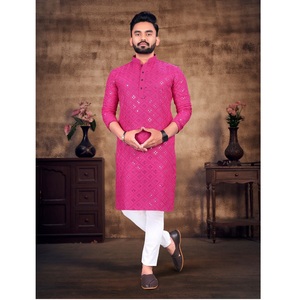 Tenue décontractée de fête de mariage, coton miroir travail Kurta pour hommes avec pyjama en pur coton meilleure qualité au prix le plus bas fournisseur inde - Product Image 6