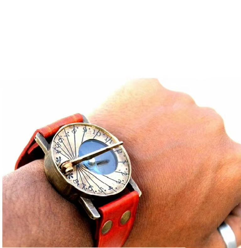 Orologio Da Polso Steampunk In Ottone Con Meridiana E Bussola - Cinturino In Pelle Fatto A Mano - Marrone Anticato