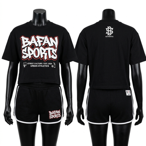 Conjunto de camiseta de algodón y pantalones cortos negros, tela suave, estampado personalizado, estilo streetwear, 100% algodón. Camiseta y pantalones cortos. - Product Image 4