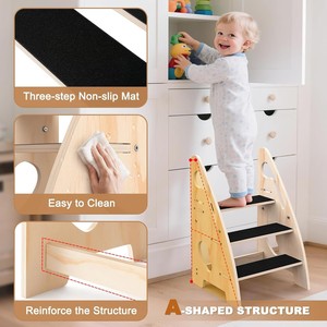 Taburete de Madera Resistente para Niños, Plegable, Escalón para Niños Pequeños, Banco Utilitario Portátil de 2 Escalones para Baño, Lavabo y Armario - Product Image 2
