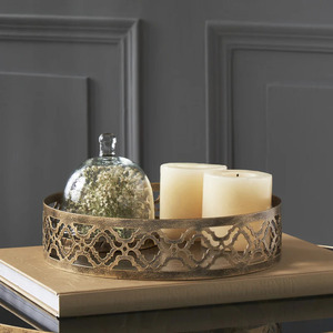 Aesthetic Round Metal Serving Bowl with Golden Designer Base Stand Brass Craft Model for Wedding Decor - Product Image 1