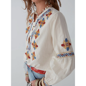 Martina Floral Print <b>Blouse</b> Ecru <b>Satin</b> Linen Loose Fit XL Size Custom Logo for Summer Daily Use - Product Image 4