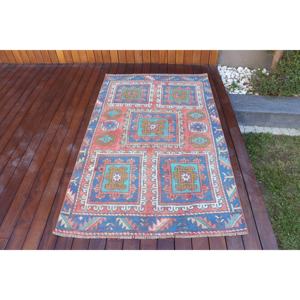 Alfombra Turca Vintage, Alfombra de Lana Roja y Azul de 3.6x5.8 pies, Estilo Suroeste - Product Image 1