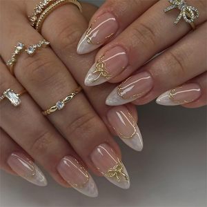 24 <span class=keywords><strong>Uñas</strong></span> Postizas Francesas Blancas con Punta Almendrada Mediana, Diseño Acrílico 3D con Lazo <span class=keywords><strong>y</strong></span> Línea Dorada, <span class=keywords><strong>Uñas</strong></span> Adhesivas al por Mayor - Product Image 1