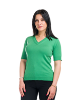 Pull en tricot italien Helen pour femme, élégant et décontracté, col en V avec nœud, tricot plat, manches courtes, confortable, fin, hiver, 100% coton