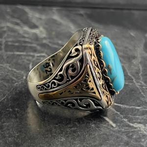 Anillo de Oro Amarillo de 14K para Hombre con Turquesa Azul Ovalada, Anillo Hecho a Mano con Piedra Azul Brillante, Plata de Ley 925, Diseño Antiguo - Product Image 5