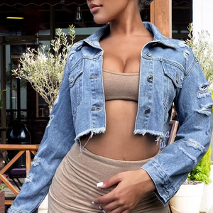 Top Trendy Button Down <b>Denim</b> Crop <b>Jacket</b> Custom Made Women's Full Sleeve Cropped <b>Denim</b> <b>Jacket</b> <b>for</b> <b>men</b> and women - Product Image 6