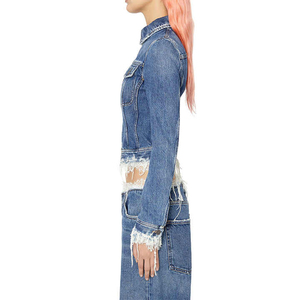 Chaqueta vaquera de camionero ajustada talla XL para mujer azul oscuro encaje desgastado dobladillo deshilachado invierno cierre de cremallera algodón Jean otoño - Product Image 5