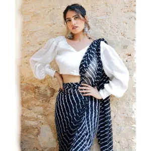 Sari indien noir Leheriya léger et tendance pour femme, idéal pour les fêtes printemps-été - Product Image 1