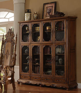 Librerías románticas de teca de estilo francés tallado, estanterías con 8 puertas y 4 cajones para sala de estudio y oficina - Product Image 1