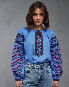 Azul de alta calidad de manga larga globo cuello redondo fiesta desgaste Rumania blusa 2025 Venta caliente blusa bordada para adultos - Product Image 1