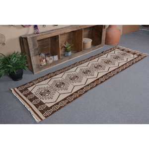 พรมปูพื้นขนาดใหญ่สไตล์ตุรกีโบราณขนาด2.5 x สีน้ำตาล8.6ft สีเบจเย็บปะติดปะต่อกันดีไซน์สี่เหลี่ยมผืนผ้าขนแกะขนาด10มม. สำหรับตกแต่งข้างเตียงห้อง - Product Image 1