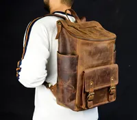 Yüksek kalite Vintage stil kahverengi tam tahıl deri sırt çantası fermuar kapatma seyahat birçok cep deri dizüstü sırt çantası