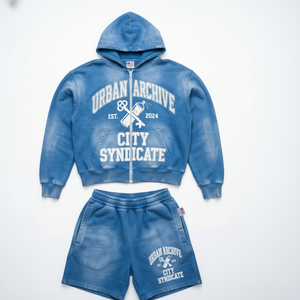 Custom Men s blue Acid Wash zip up Hoodie Shorts Tracksuit <b>Set</b> Graphic Streetwear Heavyweight OEM Private Label B2B Manufacture - Product Image 4