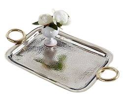 Bandeja de Servicio Cuadrada de Acero Inoxidable de Lujo, Plateada, Martillada, con Asas Doradas, para Uso en el Hogar u Oficina, Decorativa para Escritorio o Comida - Product Image 4