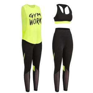 2026 trois pièces femmes couleur bloc haut court et lettre imprimé débardeur ensemble avec Leggings pour le Fitness et la course - Product Image 4