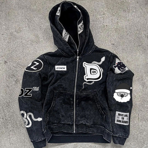 TRADE in MFG <b>Men's</b> 100% Cotton Hoodies with Custom Screen Print Distressed Embroidery Full Zip up <b>Black</b> 520GSM <b>for</b> Two Hats - Product Image 1