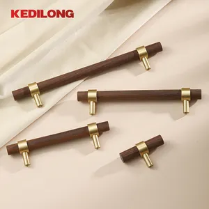 walnut brass handle solid wood furniture drawer handle wooden T-shaped long handle kitchen cabinet Beech knob