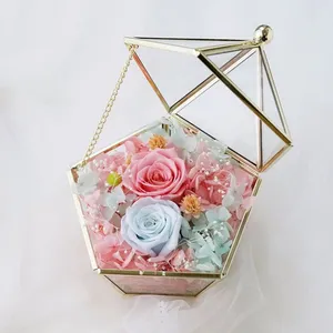 भारतीय हस्तनिर्मित सबसे अच्छा बेच उत्पाद घर सजावट लंबे समय तक चलने गुलाब हीरे के आकार ग्लास हाउस फूल अंगूठी बॉक्स प्रकरण सोना मढ़वाया