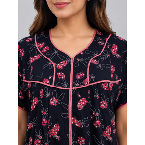 Evolove Women's Classic Black Floral Print 100% Cotton <b>Long</b> Sleeve Nightgown Front Zipper Quick Dry Breathable 3XL Home Night - Product Image 2
