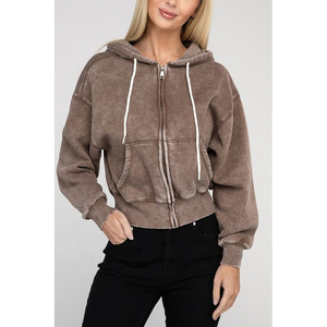 Customized Zipper Heavy Cotton Acid Wash French Terry <b>Zip</b> <b>up</b> Acid Distressed Vintage Wash <b>Cropped</b> Hoodie for Women - Product Image 2
