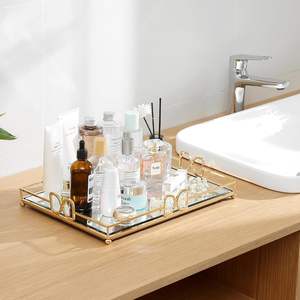 ถาดกระจกสีทองโบราณถาดแต่งหน้าโต๊ะเครื่องแป้งที่สวยงามและสง่างามหรูหรากระจกกันสนิมสำหรับห้องน้ำโต๊ะเครื่องแป้งและห้องนอน - Product Image 4