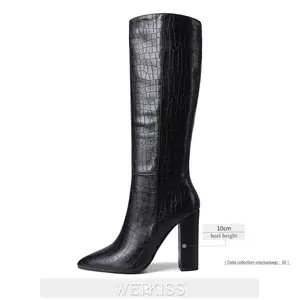 Bottes hautes pour femme en cuir grain crocodile à talon bloc, à bout pointu ou carré, légèrement rehaussantes, pour l'automne et l'hiver - Product Image 4