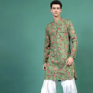 لباس هندي تقليدي كُرتا طويل مصنوع من القطن بنمط مطبوع بنطلون كُرتا أطقم ملابس للحفلات غير الرسمية بيع بالجملة