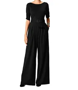 핫 잘 팔리는 면 Knit Belted Palazzo Jumpsuit- Customizable Neckline Sleeve & Length 기계 Wash 싼 Stock 패션 Lots
