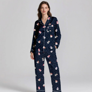 Pijamas de Manga Larga para Mujer, Estampado Bajo Demanda, Tema Navideño de Verano/Primavera, Suaves, Cálidos y Transpirables, Ropa de Dormir - Product Image 1