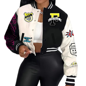 Wholesale OEM Manufacturer Embroidered Women <b>Cropped</b> College Leather Sleeves Custom Logo Baseball Letterman Varsity <b>Jackets</b> - Product Image 1