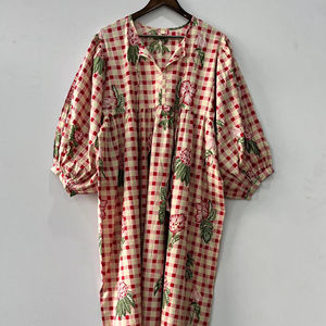 100% coton été décontracté robe mi-longue Floral main bloc et numérique imprimé doux tissé avec attache de chaîne de cou profond - Product Image 1