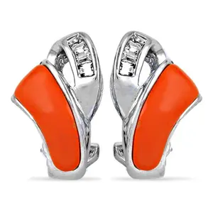 Trendy <b>Silver</b> Orange Enamel Gemstone Accents Earrings Stainless Steel Wing and Hoop <b>Studs</b> Religious Style for Women's Gift - Product Image 2