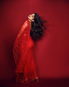New Beautiful Heavy Sequence Embroidered Work With <strong>Net</strong> Ruffle Party Wear <strong>Red</strong> Colour <strong>Saree</strong> With Blouse - Product Image 4