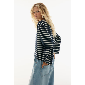 Suéter de Mujer para Invierno, Mezcla de Algodón, a Rayas, Manga Larga, Estilo Deportivo, Tejido de Punto, Jersey Holgado, Cuello Redondo, Felpa - Product Image 4