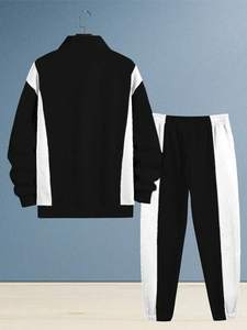 Conjunto Deportivo Ligero de 2 Piezas para Mujer, Personalizado, Negro y Blanco, con Estampado Lavado Ácido, Sudadera con Media Cremallera y Pantalones Jogger con Rayas Laterales, Diseño Colorblock - Product Image 2