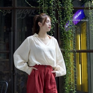 Chemisiers pour femmes en mélange de lin Ramie formels et amples avec imprimé à carreaux élégant Détails plissés exquis Manches volumineuses Couche transparente - Product Image 1