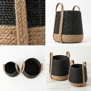 Natural Banana Bark Recycled <b>Plastic</b> <b>Basket</b> Set Black Cone Two Tone Strap Handle Belly Planter Pure Art Setup Room Decor Craft - Product Image 2
