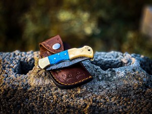 Cuchillo plegable de acero de Damasco efectivo para supervivencia al aire libre, cuchillo de Camping de bolsillo, Funda de cuero para caza, envío directo disponible - Product Image 5