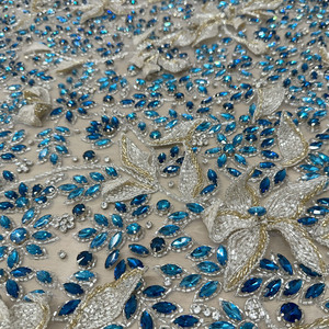 Royal Azure Luxury Fabric Embroidered Crystal Woven Mesh Voile Lace Breathable Metallic Features In-Stock Items <b>Free</b> Samples - Product Image 1