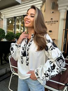 Blouses brodées ukrainiennes pour femmes col en V ballon à manches longues haut en satin à fleurs pour occasions formelles robe mi-longue - Product Image 5