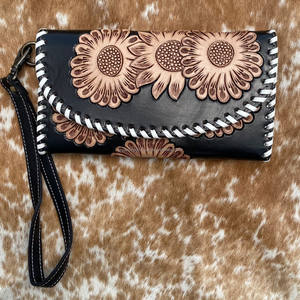 New Arrival Hand Tooled Carving Wallet <b>Clutch</b> Stylish Design of Flowers Phone Case of Wallet Multi Uses Western Leather Wallet - Product Image 2