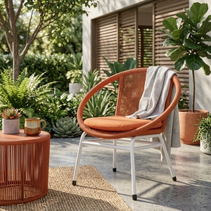 Silla de exterior tejida naranja con estructura de metal blanco, silla de comedor de cuerda, silla de patio con cojín, diseño artístico decorativo - Product Image 5