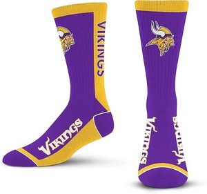 Chaussettes de sport des Vikings du Minnesota, violet et or, en polyester, motif mascotte, durables, vêtements d'équipe, grand motif brodé, lavables en machine, Arizona - Product Image 1