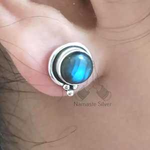 925 Sterling <b>Silver</b> Handmade Labradorite <b>Stud</b> Earrings Ball Shape Ear Posts with Natural Labradorite Gemstone Birthstone Jewelry - Product Image 1