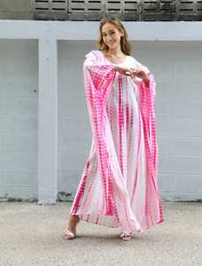 ชุดเดรสยาวทรงคาฟทัน แขนสั้น คอจีน ลายมัดย้อมสีชมพู สำหรับผู้หญิง ผลิตจากวัสดุวิสโคส เป็นมิตรต่อสิ่งแวดล้อม ชายกระโปรงบาน สไตล์ลำลองสำหรับใส่กลางแจ้ง ไม่ใช่ผ้าทอ - Product Image 5