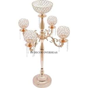 Most Demanding High Grade Gold Plated Luxurious Quality Metal And Clear Crystal Beaded 5 Arms Wedding <b>Table</b> <b>Decor</b> Candelabra - Product Image 1